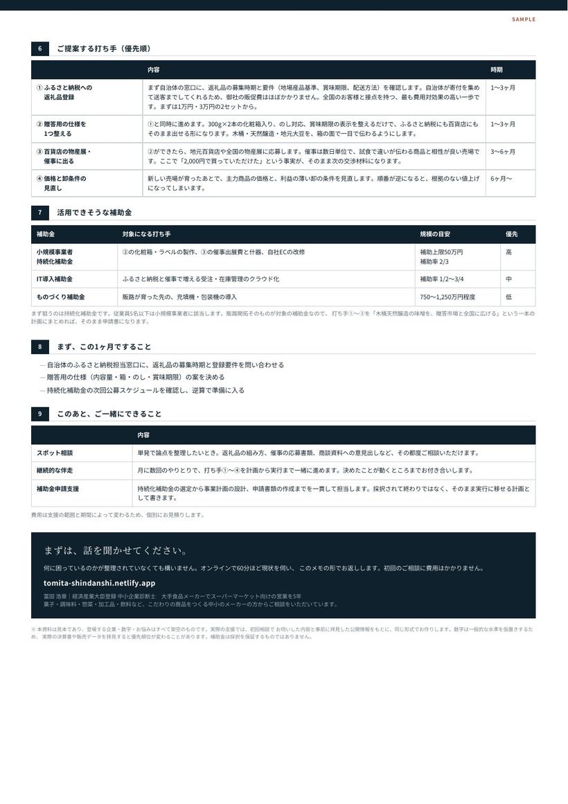 経営方針メモの見本 2ページ目。打ち手の優先順、活用できそうな補助金、最初の1ヶ月ですること